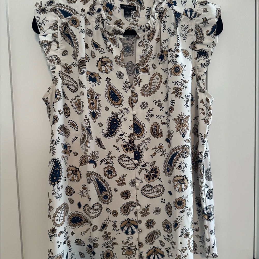 Ann Taylor White and Blue Ruffled Blouse with Mandarin Collar